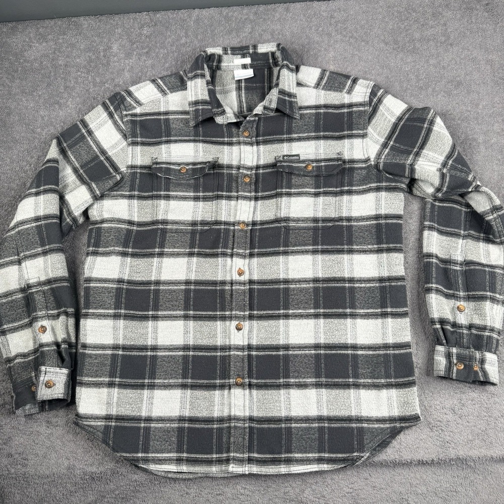 Columbia Shirt Mens Large Black Plaid Heavy Flannel Button Up Outdoors Hiking